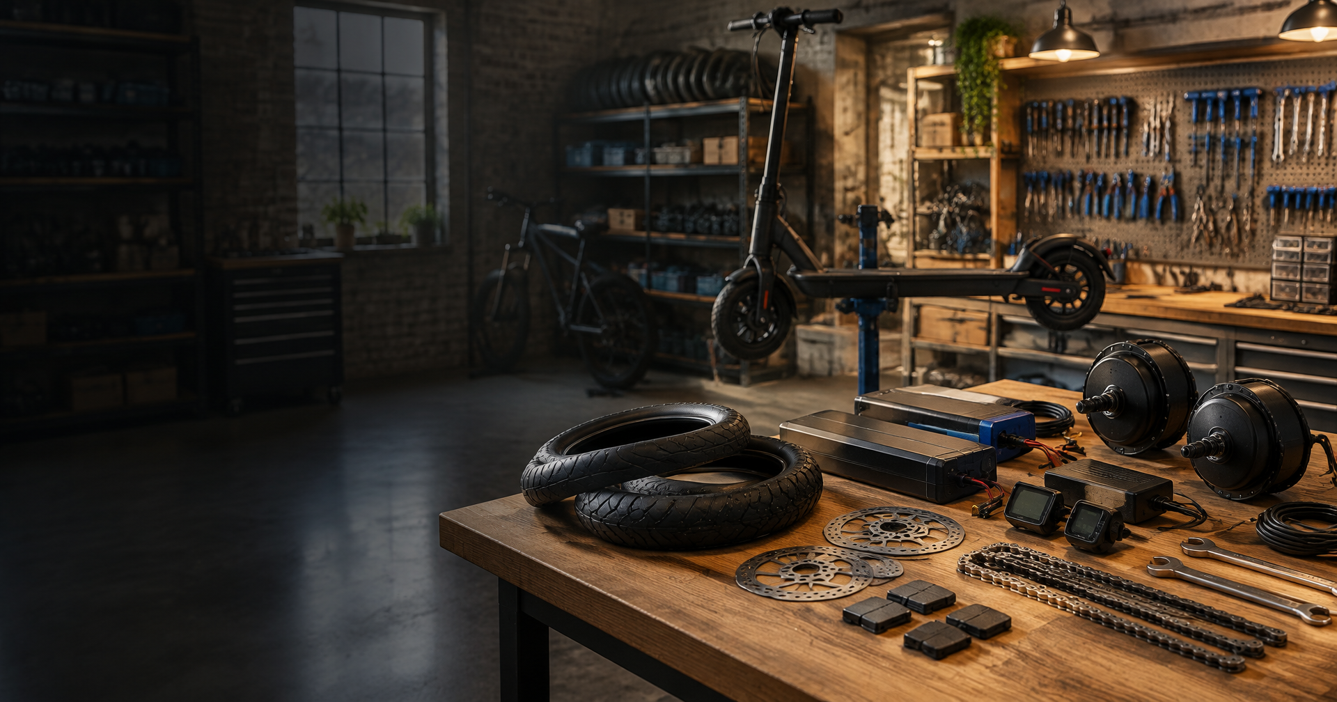 The Voltwerk workshop with an electric scooter, tires, motors and replacement parts